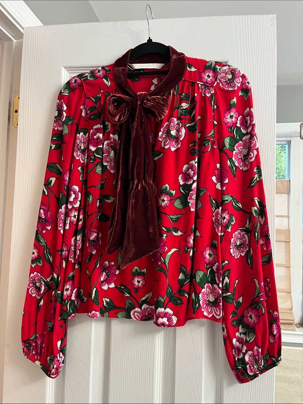 Zara Red Floral Velvet Bow Blouse